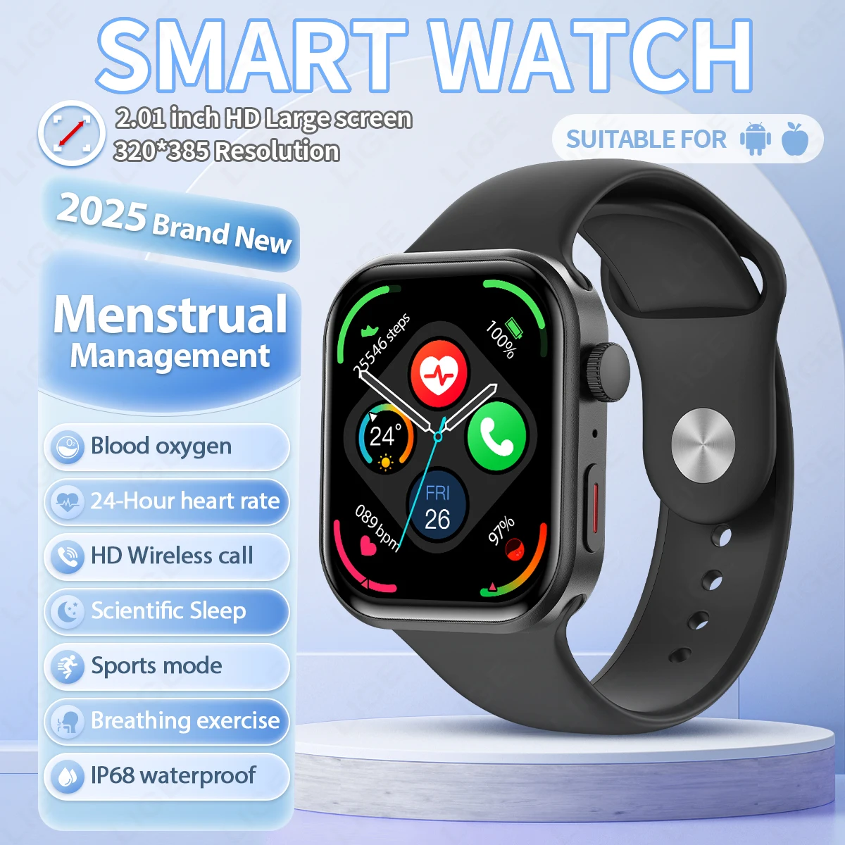 

LIGE Smart Watch Multiple sports modes LED Flashlight Waterproof 2.01'' HD Screen Music Control smart watchs for men Android IOS