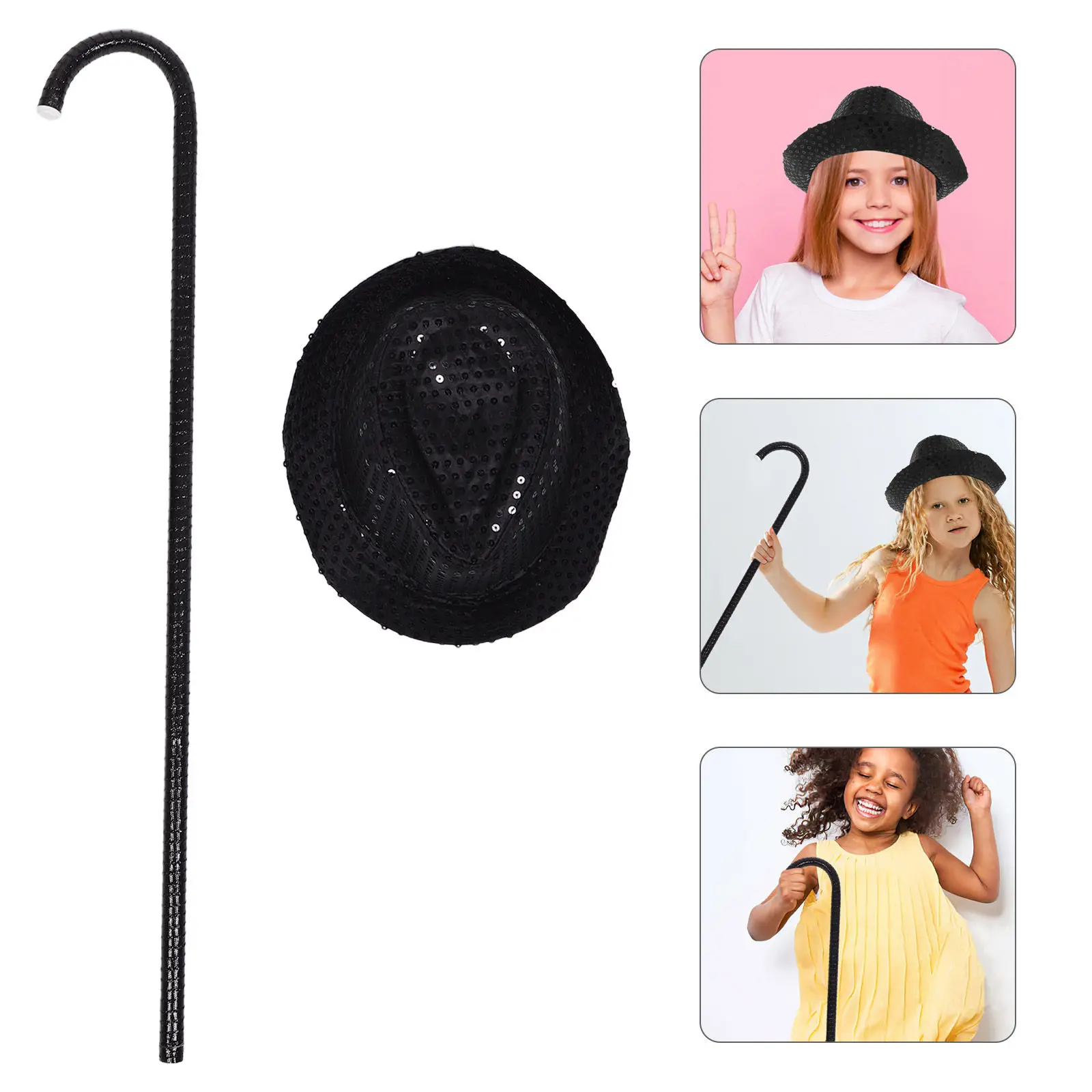 

Children Dance Cane Jazz Cap Set Black Top Hat Lightweight Performance Crutch Stage Decorative Props Kids Costume Party