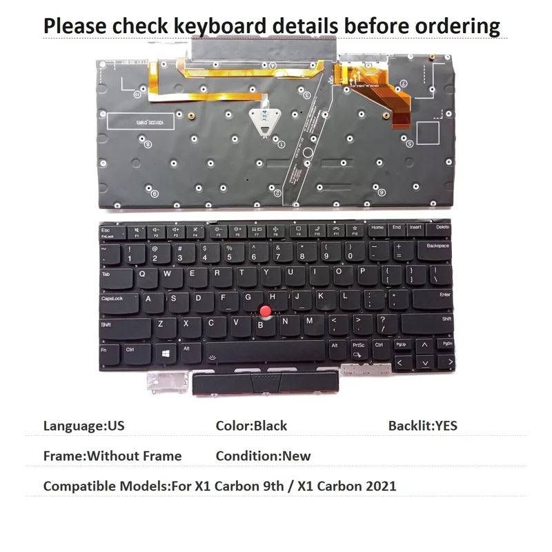 New US UK Language  Backlit Keyboard For Lenovo Thinkpad X1 Carbon 9th / X1 Carbon 2021 Notebook PC Replacement Keyboard