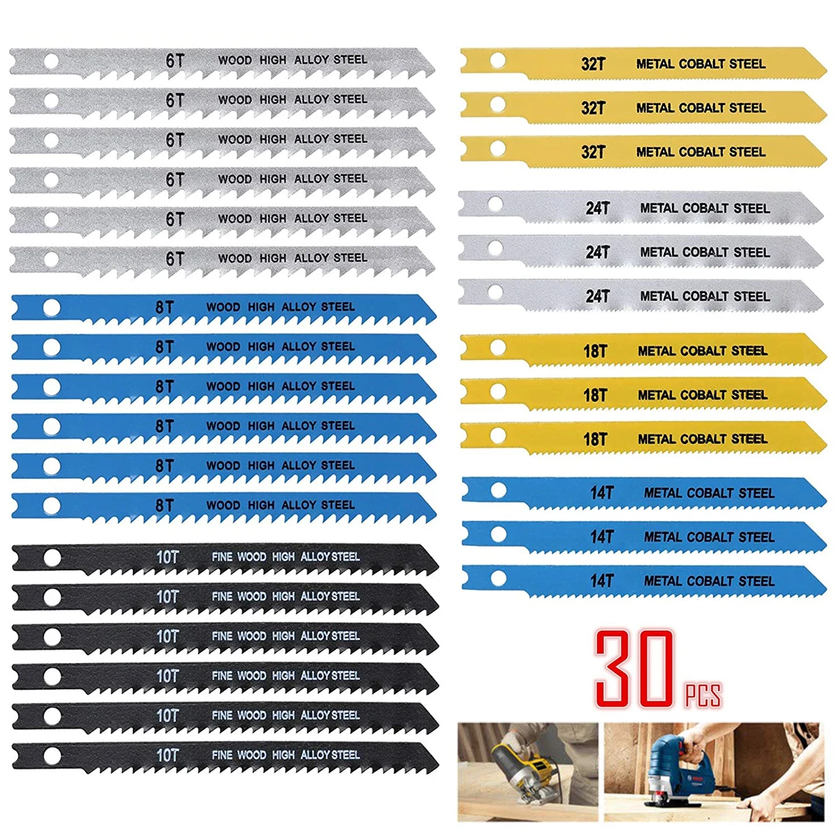 30/24Pcs Jig Saw Blade Set HCS Assorted Saw Blades Sharp Fast Cutting Jigsaw Blades for Bosch DEWALT Jig Saw Woodworking Tools