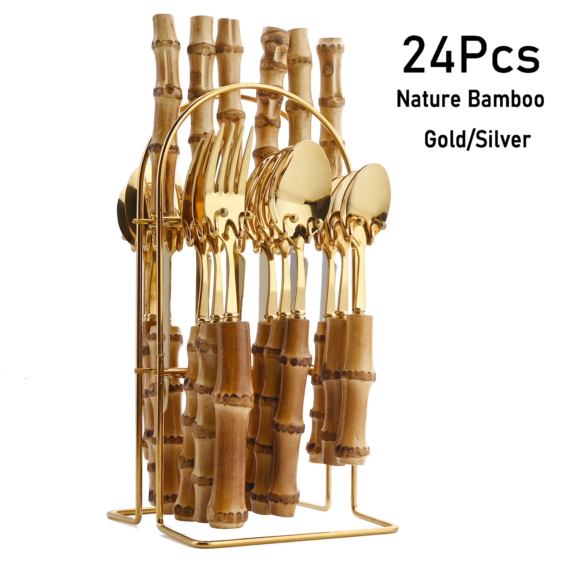 Natural Bamboo Wooden Handle Cutlery Set 16/24Pcs Stainless Steel Dinnerware Set Creative Knife Fork Spoon Kitchen Flatware