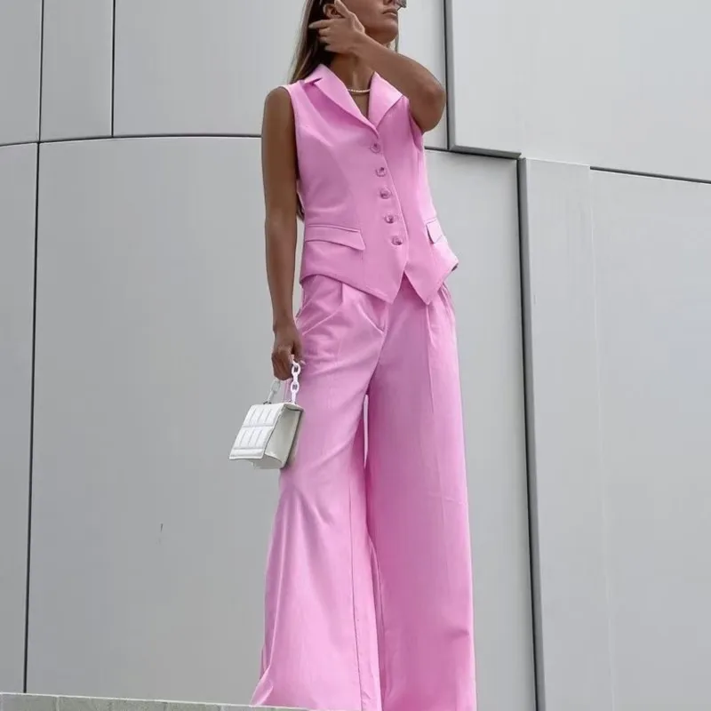 

Elegant Office Lady Red Black Two Piece Sets Spring Summer V-neck Sleeveless Button Vest Tank Tops & Wide Leg Pants Casual Sets