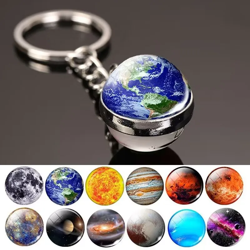 Glow In The Dark Solar System Planet Key Chain Nebula Luminous Key Ring Moon, Earth, Sun, Double-sided Glass Ball, Keychain Gift