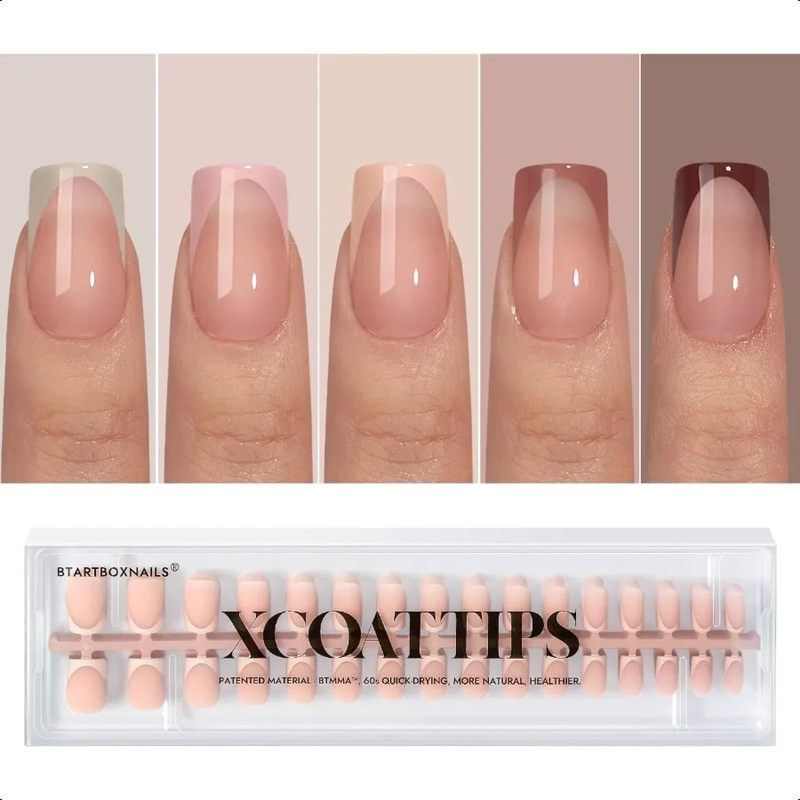 

XCOATTIPS French Tip Pr on Nails Fall Fake Nail Короткие квадратные кончики ногтей Тонды кожи Мягкие гелевые ногти Накладные ногти Soak Off Acrylic Na