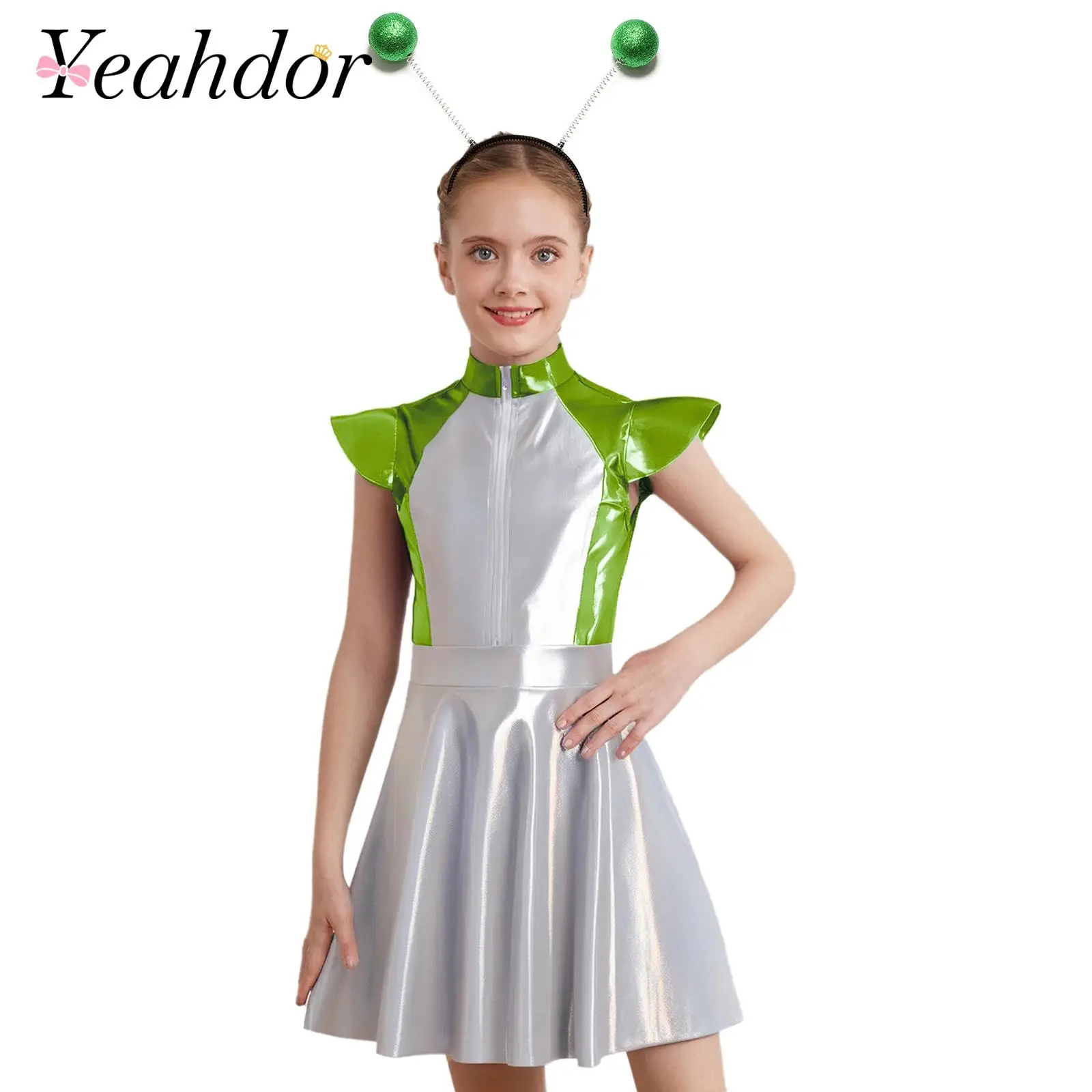 Kids Girls Cosplay Alien Costume Set Halloween Carnival Outfit Role Play Outer Space Fancy Dress Cutie Costume with Hair Hoop