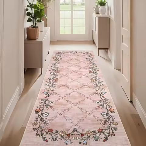 Geometric Diamond Grid Runner Rug Vine Flowers Romantic and Simple Bedroom Carpet Living Room Floor Mat Bedside Home Decoration