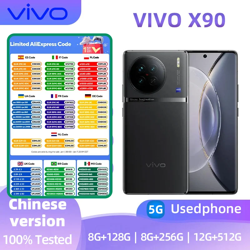 Vivo X90 5g SmartPhone Android  CPU Dimensity 9200 6.78inches Screen  ROM 128GB 120Hz 4810mAh 120W NFC 50MP Camera  used phone