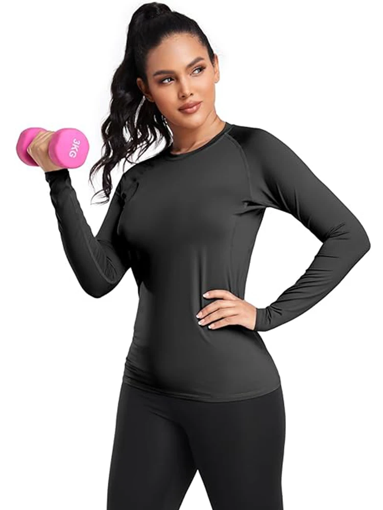 Women's Compression Shirt Athletic Yoga Running Long Sleeve T-Shirt Spring Fall Gym Workout Stretchy Baselayers Rash Guard Tops