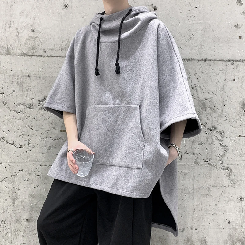 

Summer Streetwear Mens Cloaks Fashion Solid Color Half Sleeve Loose Capes Y2K Style Men Clothes Vintage Bat Sleeve Hooded Cloak