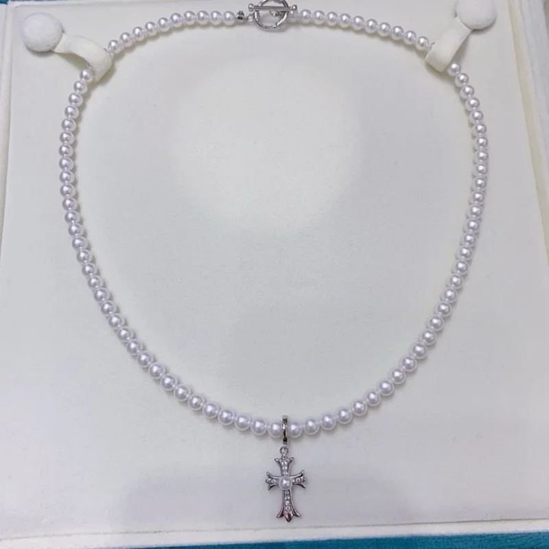 

SGARIT Natural Freshwater Pearl Choker for Women S925 Silver Jesus Cross Pendant Necklace Female Party Jewelry