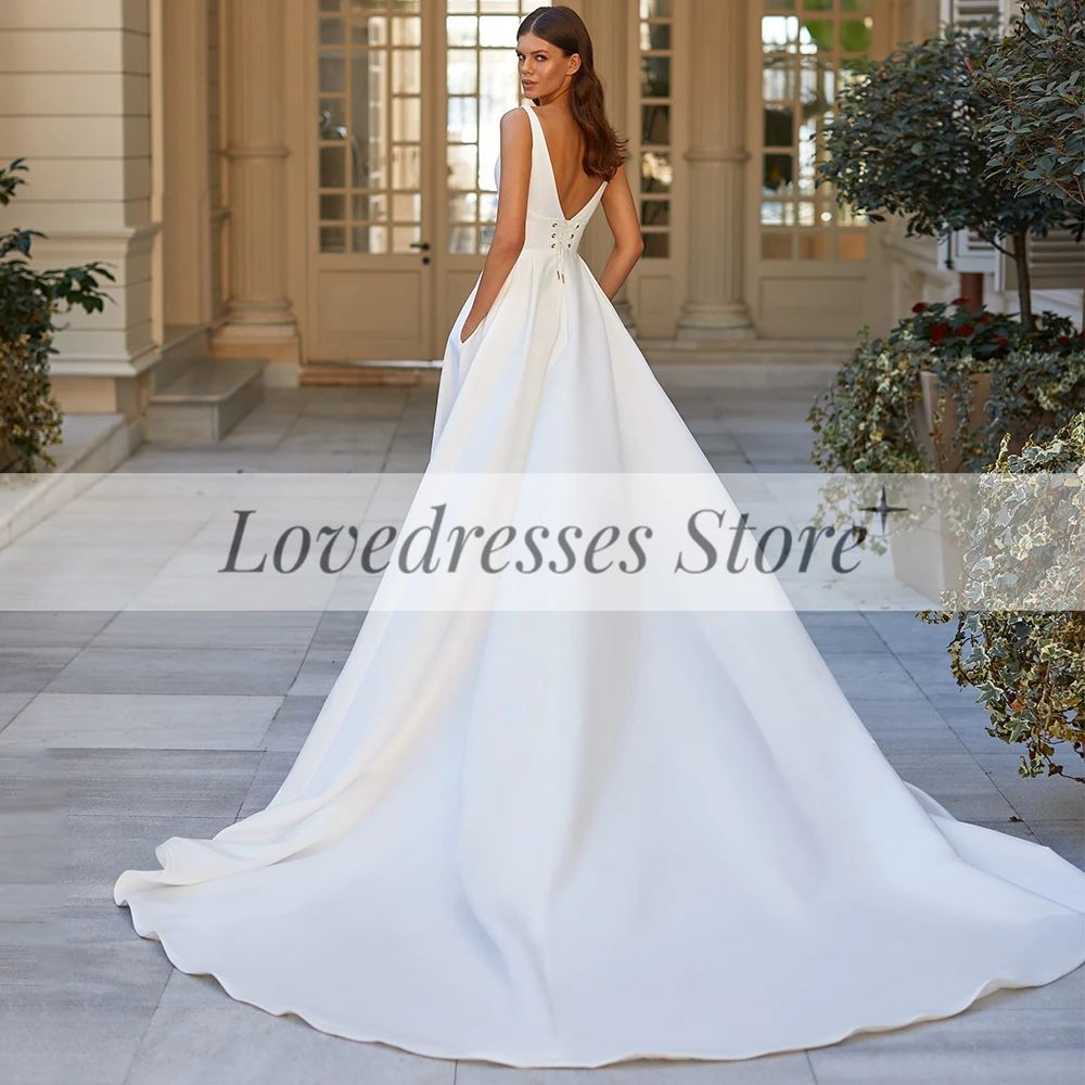 

Simple Satin Wedding Dress Customized V-Neck Sleeveless Civil A Line Bridal Gowns BacklessChapel Train Bridal Dresses 2025
