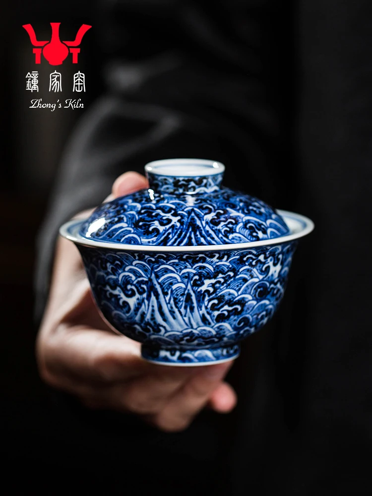 

Zhongjia Kiln Ceramic Cover Bowl Tea Cup Jingdezhen Chaiyao Blue White Hand Painted Sea Water And River Cliff Pattern Ercai