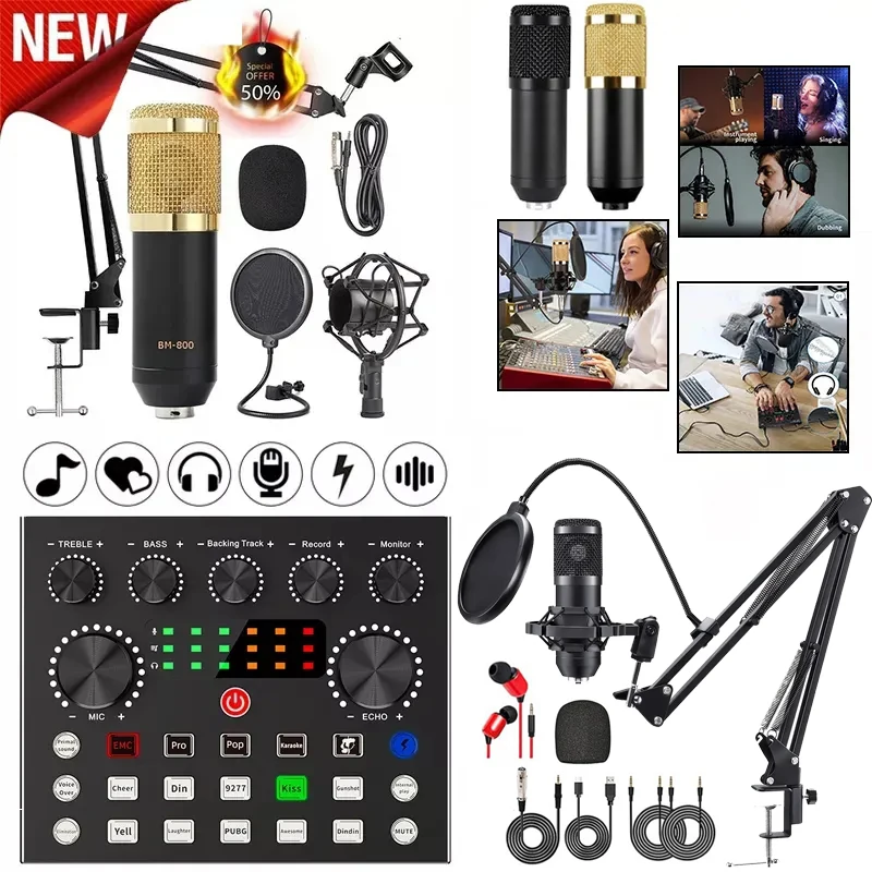 New BM800 Microphone Kits with Live Sound Card(Optional),Suspension Scissor Arm,Shock Mount and Pop Filter for Studio Recording