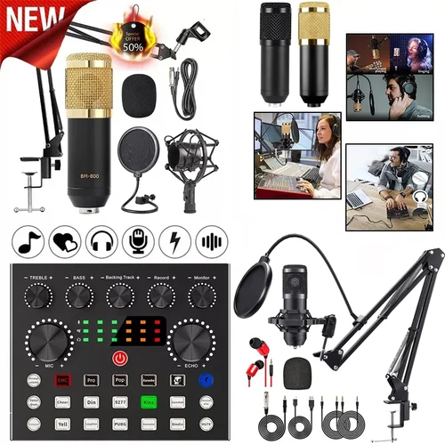 Nuevos kits de micrófono BM800 con tarjeta de sonido en vivo (opcional), brazo de tijera de suspensión, soporte de choque y filtro Pop para grabación de estudio