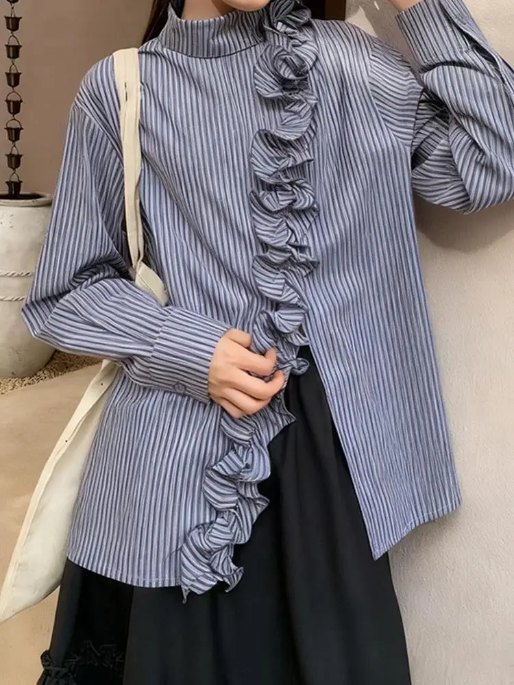 

Faionable Ruffle Trim Stripe irt Women's Loose Fit Slimming Winter New Sle Casual Sle Long Sve Stand Collar Top