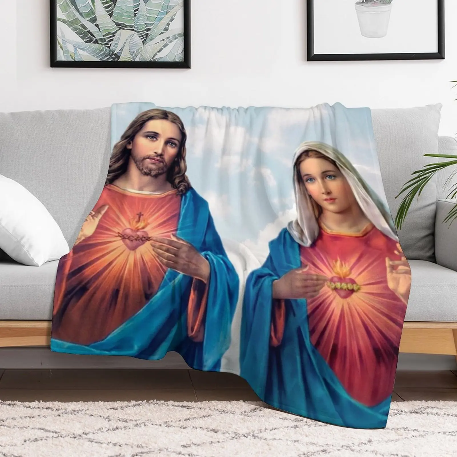 Sacred and Immaculate Hearts (Jesus and Mary) with sky background Throw Blanket Color Fast Cozy Throw Blanket