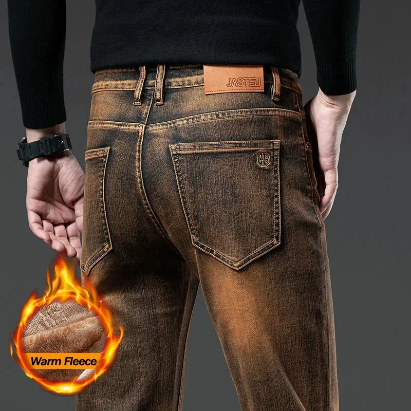 Winter High-quality Men's Jeans with Thick Wool Lining, Warm and Elastic Straight Tube, Brown Fashionable Retro Plush Pants