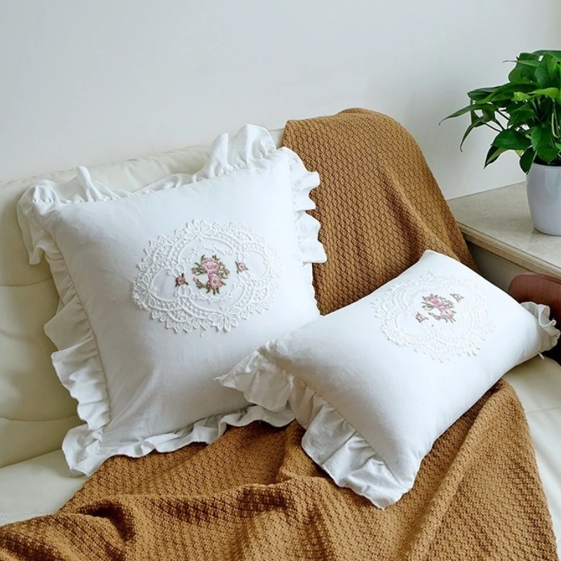 

Luxury White Cotton Pillow Cover with Pink Floral Embroidery Lace and Ruffle Trim Elegant French Chic Cushion Cover for Sofa