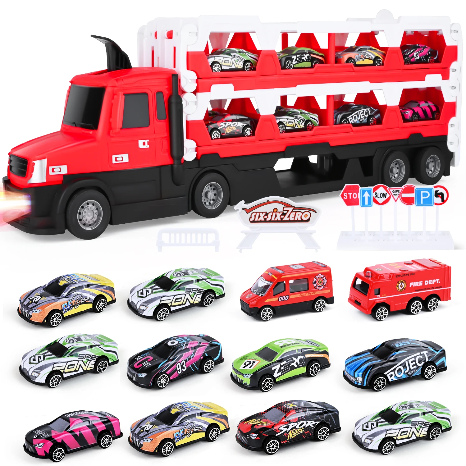 Car Toy for Children,Truck Toy Transporter Truck with Light and Sound,81 Inch Ejector Race Track,2 Metal Cars and 7 Traffic Sign