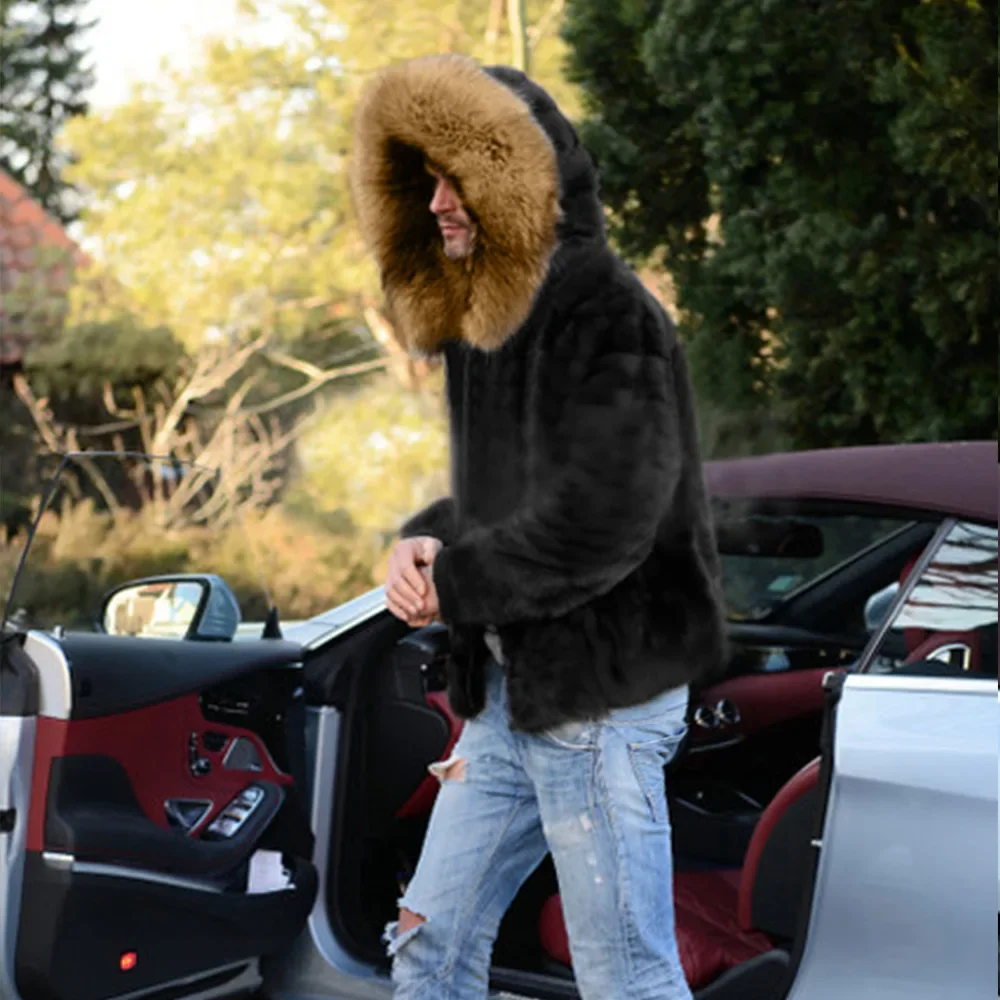 2025 Европа и Америка, новая мода, мужские черные повседневные модные простые базовые свободные пальто из искусственного меха с длинными рукавами и капюшоном, мужская одежда