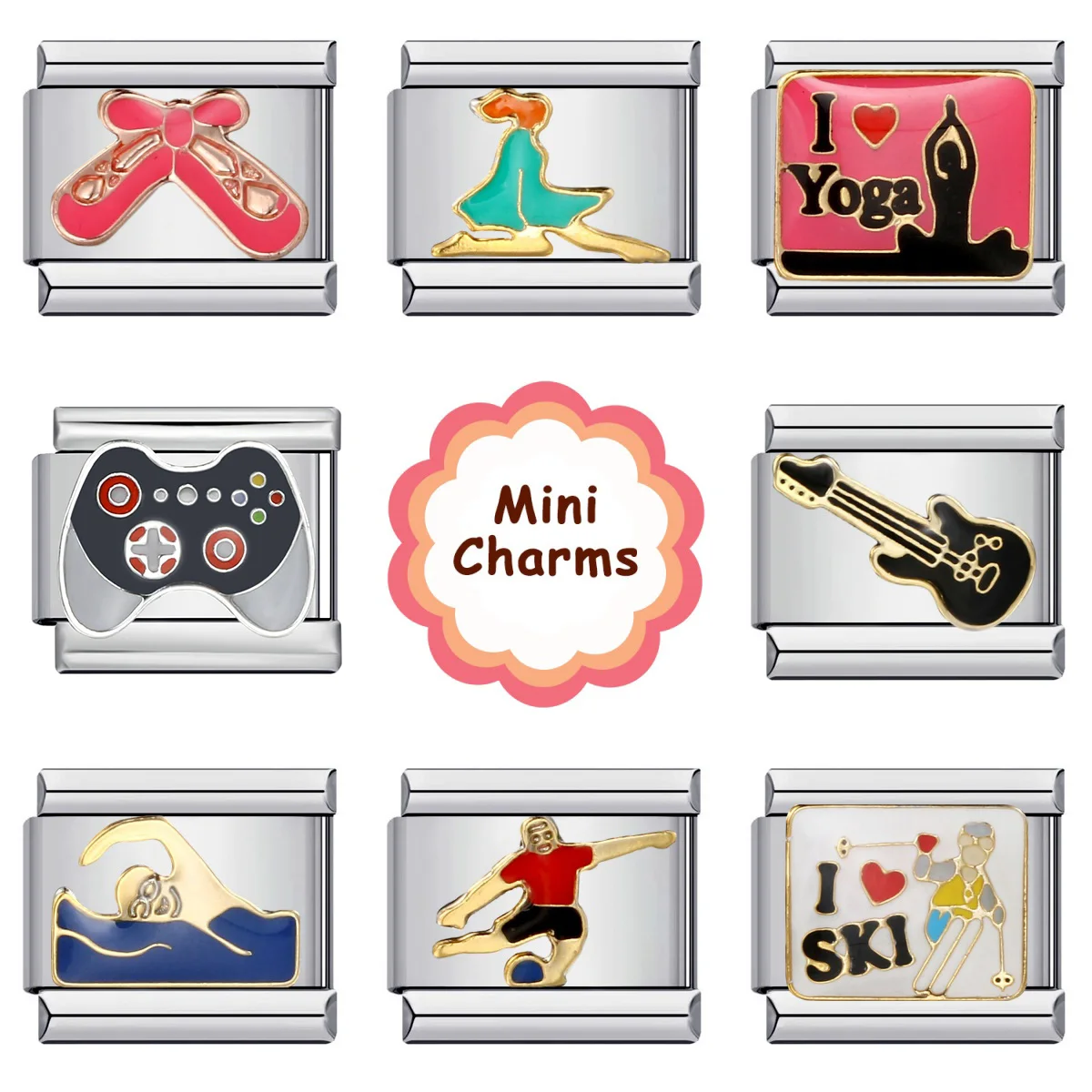 Fshion Women Men New Sport Dancing Swimming Yoga Charms Links Fit 9mm Bracelets Stainless Steel Making DIY Jewelry