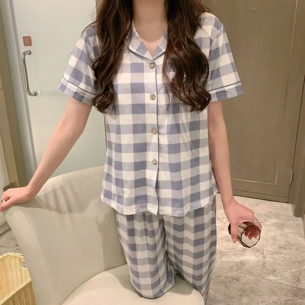 

Fashion Short Sleeve Grid Pajama Suit V Neck Women Sleepwear Tops Pants Nightwear Slim Fit Two Pieces Pajama Sets Gifts