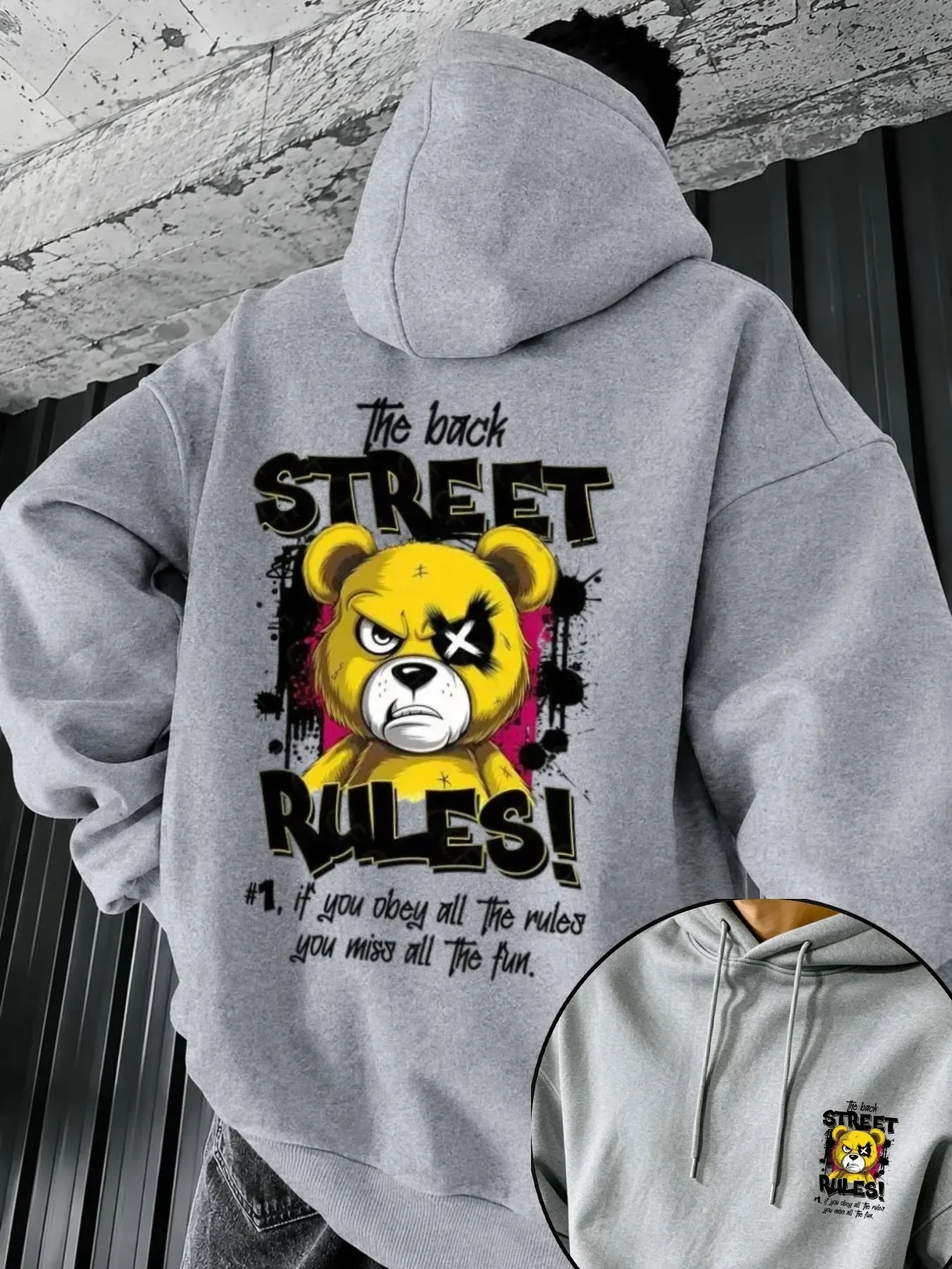 Angry Yellow Bear Eye Patch Graffiti Graphic Hoodie for Men Long Sleeve Loose Pullover Hooded Sweatshirt Hip Hop Tops
