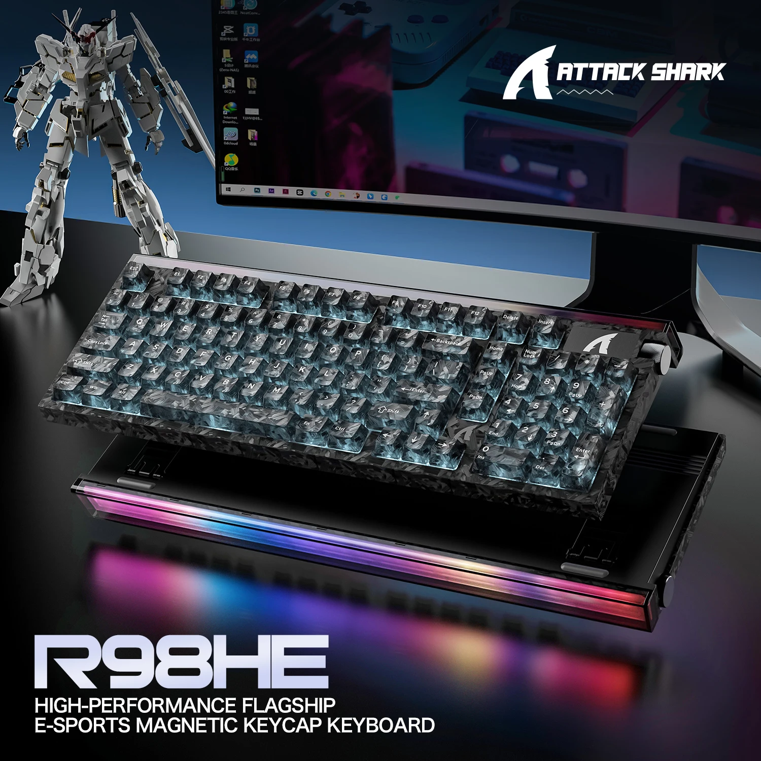 ATTACK SHARK R98HE RGB Magnetic Switch Keyboard Carbon Fiber HIFI Padding Hot Swappable DIY Web Driver for PC Gamer