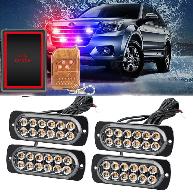 

4 In 1 Car Emergency Strobe Lights Police Lights 12V 24V With Wireless Remote Control Flash Grille Light For Cars Truck Van SUV