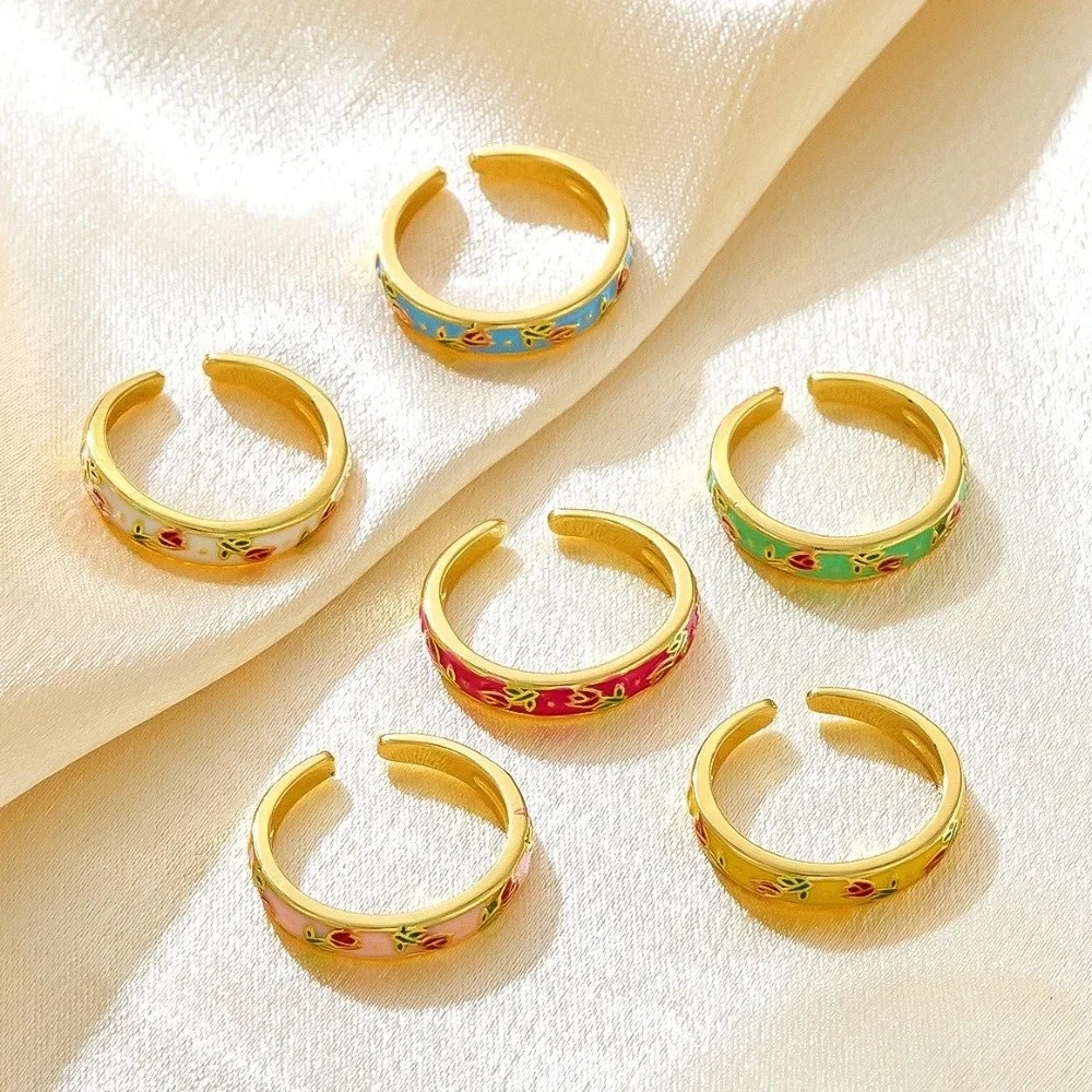 Bohemian Colorful Enamel Open Ring Unique Flower Vintage Geometric Ring Copper Sweet Adjustable Tulip Ring Women