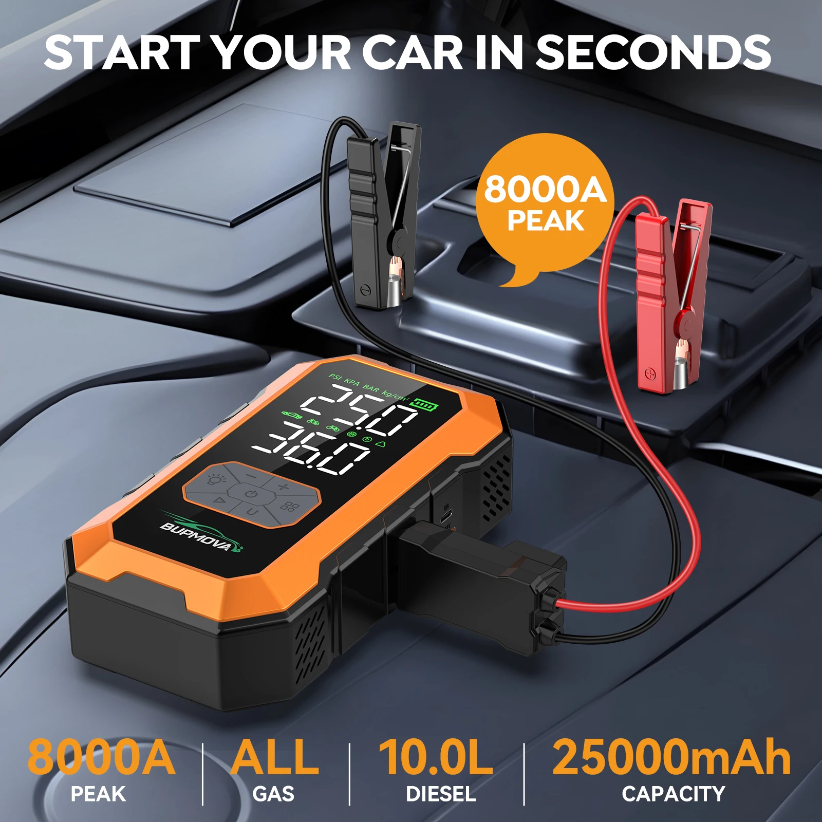 Kit avviamento batteria auto 2-in-1, avviatore portatile per auto con capacità di 8000 A, power bank, compressore d'aria portatile da 150 PSI per gonfiare pneumatici, strumento per l'avviamento di