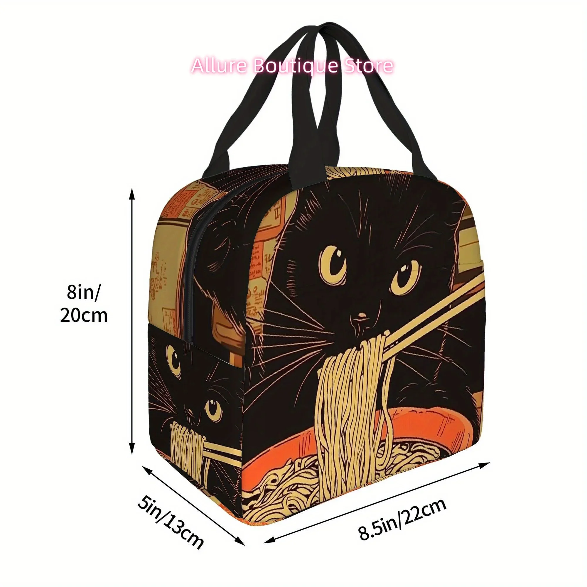 1pc Thermal Insulated Bag - Cute Black Cat Eating Noodles with Chopsticks Design, Non-Food Contact Thermal Insulation for Lunch,