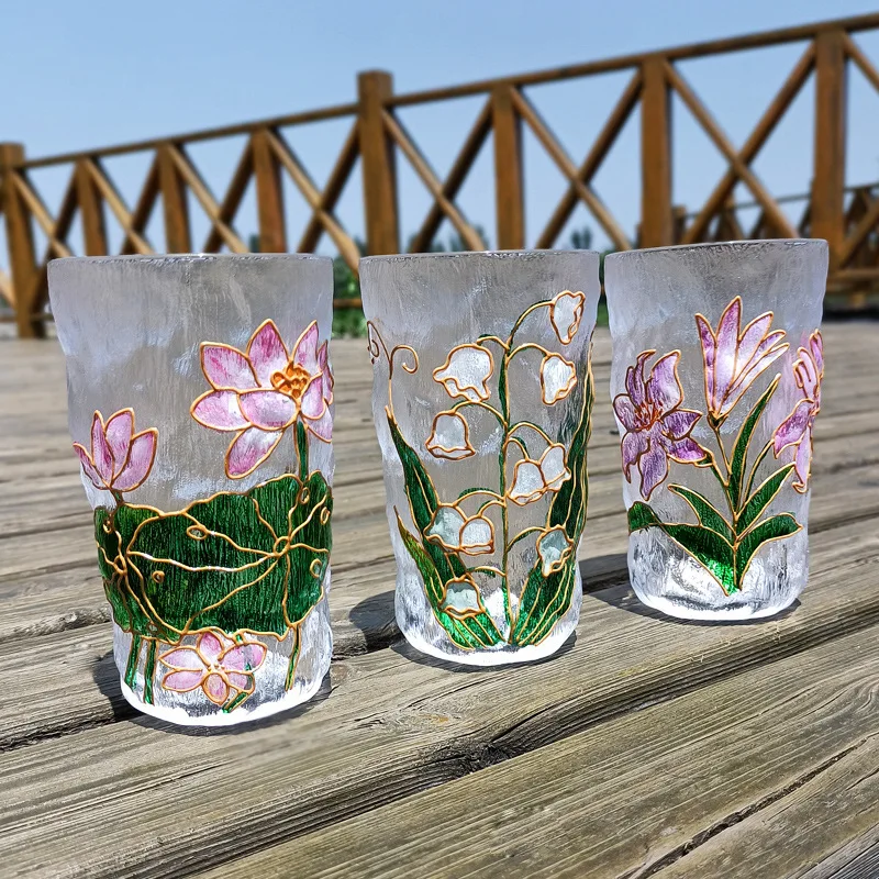 

Hand-painted Flower Water Cup, Tumbler Ins Style, Milk Mug, Juice Mug, Garden Afternoon Tea Crystal Glass Drink Ware