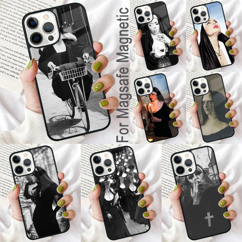 Sexy Girl Sister Style Nun Magnetic Soft Phone Case for iPhone 16 Promax 15 Pro 13 14 Plus 11 12 Mini MagSafe Coque