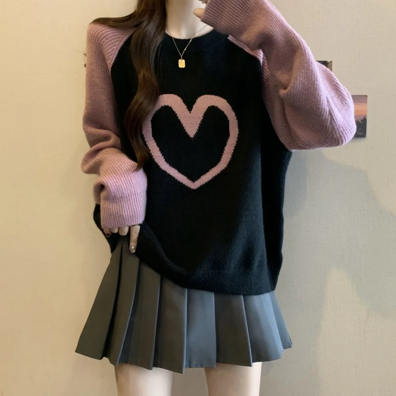 เสื้อถัก Jacquard รักยอดนิยมสําหรับผู้หญิงในฤดูใบไม้ร่วงและฤดูหนาวเสื้อสเวตเตอร์ลดอายุคอกลม