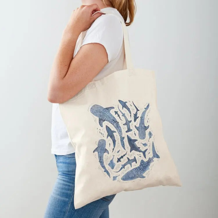 Monochrome blue watercolour shark ocean on black Tote Bag women bag tote bag custom custom fabric