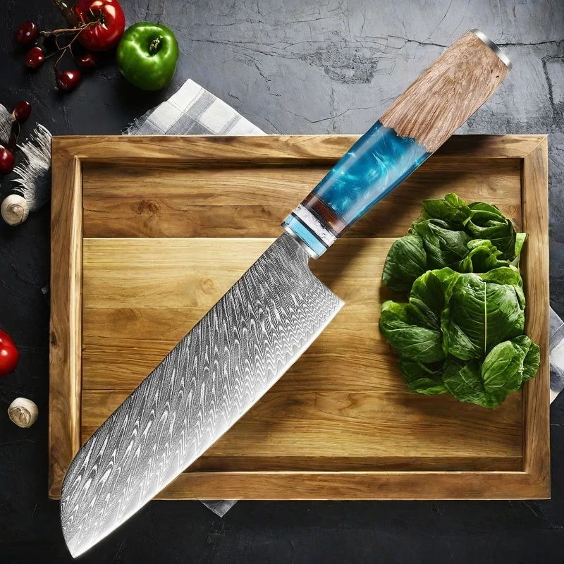 VG10 Steel Core 67 Layer Damascus Steel Kitchen Knife Blue Resin And Colored Wooden Handle Cooking Tools Cleaver Fishbone