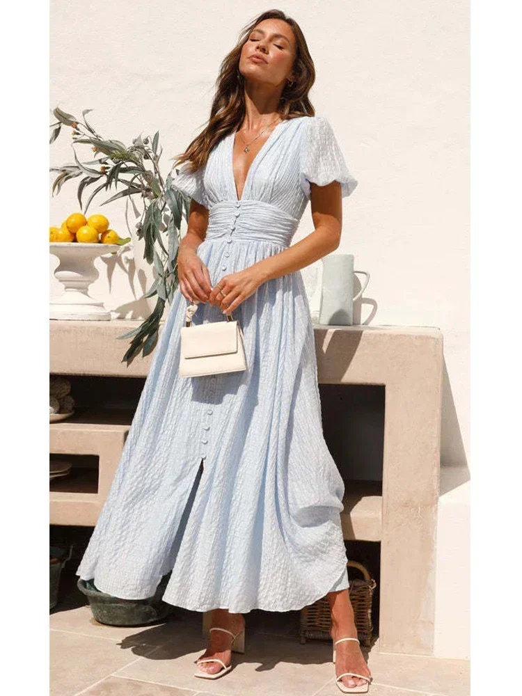 V-neck Yellow Puff Sleeve Split Solid Summer Women Dress 2025 A-line Maxi Long Sundress Vestido Button Beach Dress Party