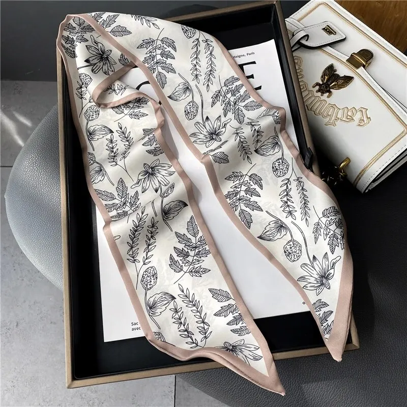 Popular Silk Satin Skinny Ribbon Headband Scarf Women Summer Print Houndstooth Long Hair Hand Bag Wrist Belt Foulard Scarves