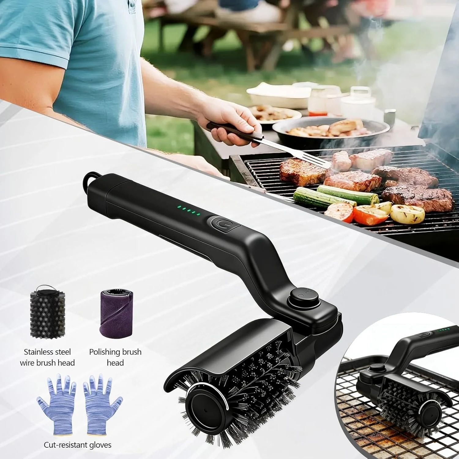 

Беспроводная электрическая щетка для гриля, 2-в-1, перезаряжаемая, для чистки барбекю, с вращением на 360° ° Вращающаяся чистящая насадка, 3 скорости