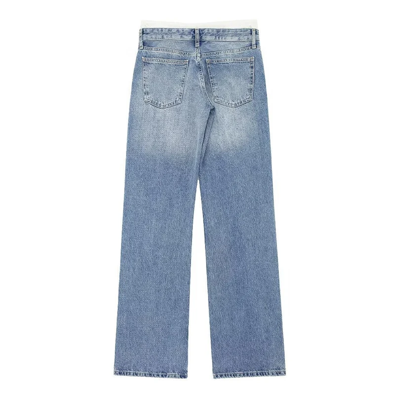Vintage Americana High Waist Straight Jeans Women Fashion Patchwork Lace Up Baggy Denim Pants Woman Streetwear Wide Leg Trousers