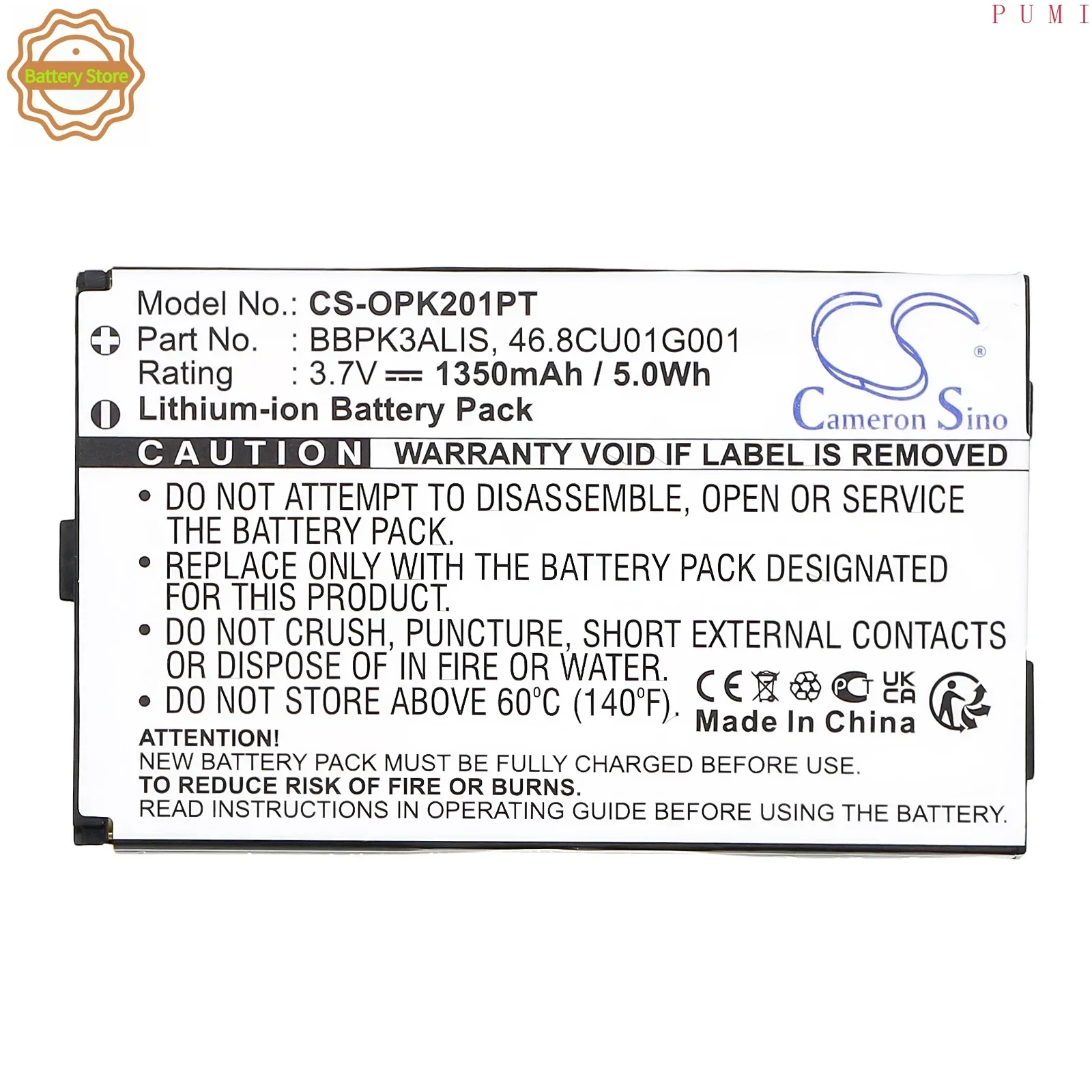 CS Replacement Battery for Optoma PK201,PK301 PN:BBPK3ALIS,46.8CU01G001 1350mAh / 5Wh