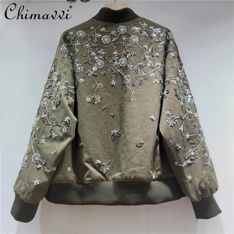 

French Elegant Fashion Commuter Heavy Industry Rhinestone Blazer Single Button Loose Casual Versatile Black Jackets Women Autumn
