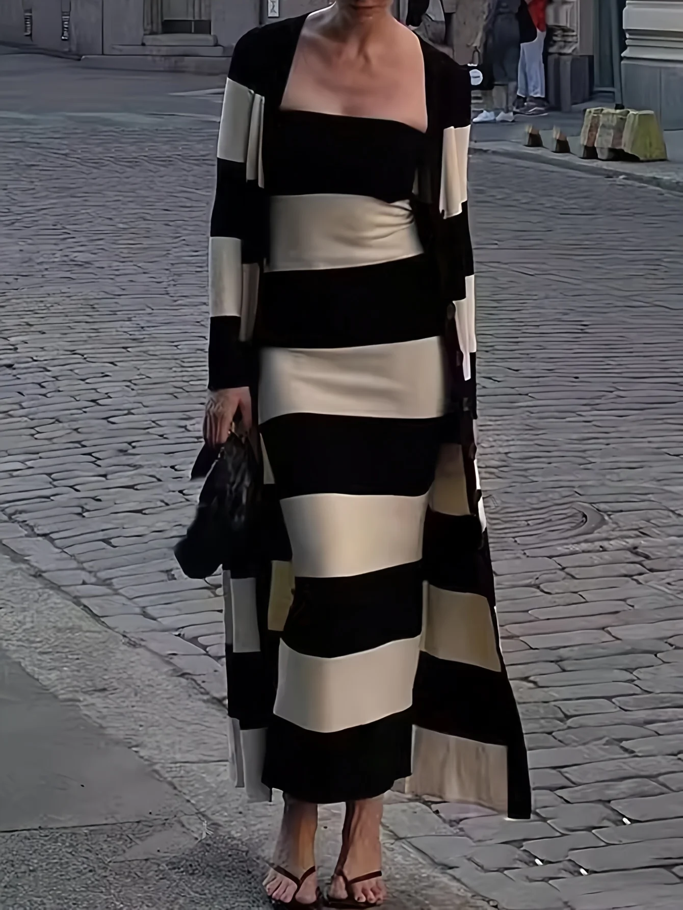 

Женское трикотажное платье в полоску, комплект свитера из двух частей, элегантное и подходит для свиданий и отдыха, весенне-осенний стиль.