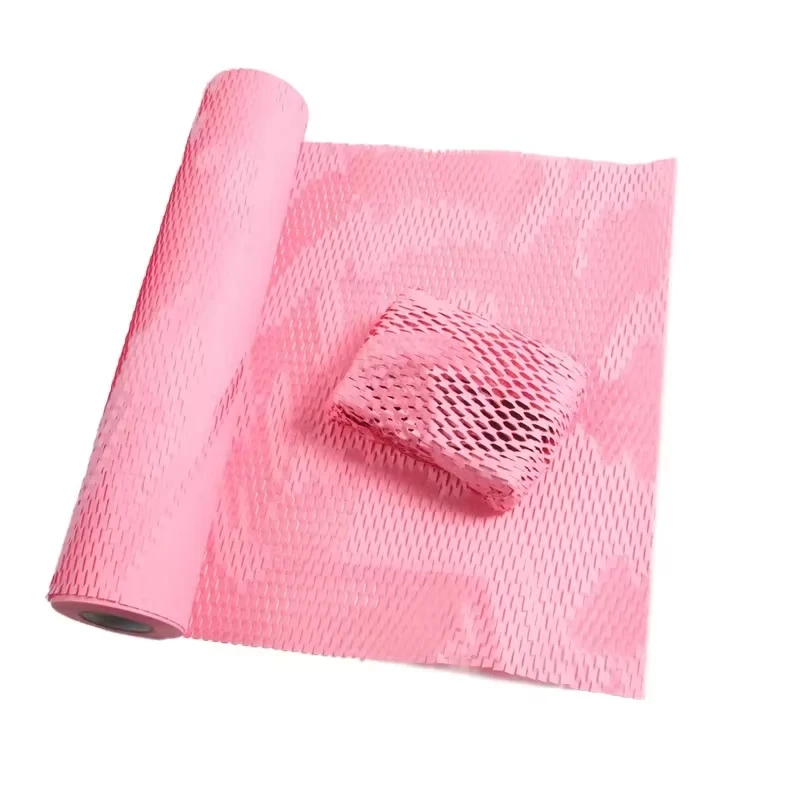 Pink Honeycomb Kraft Paper Roll - Shockproof Cushioning Material for Transport & Gift Wrapping