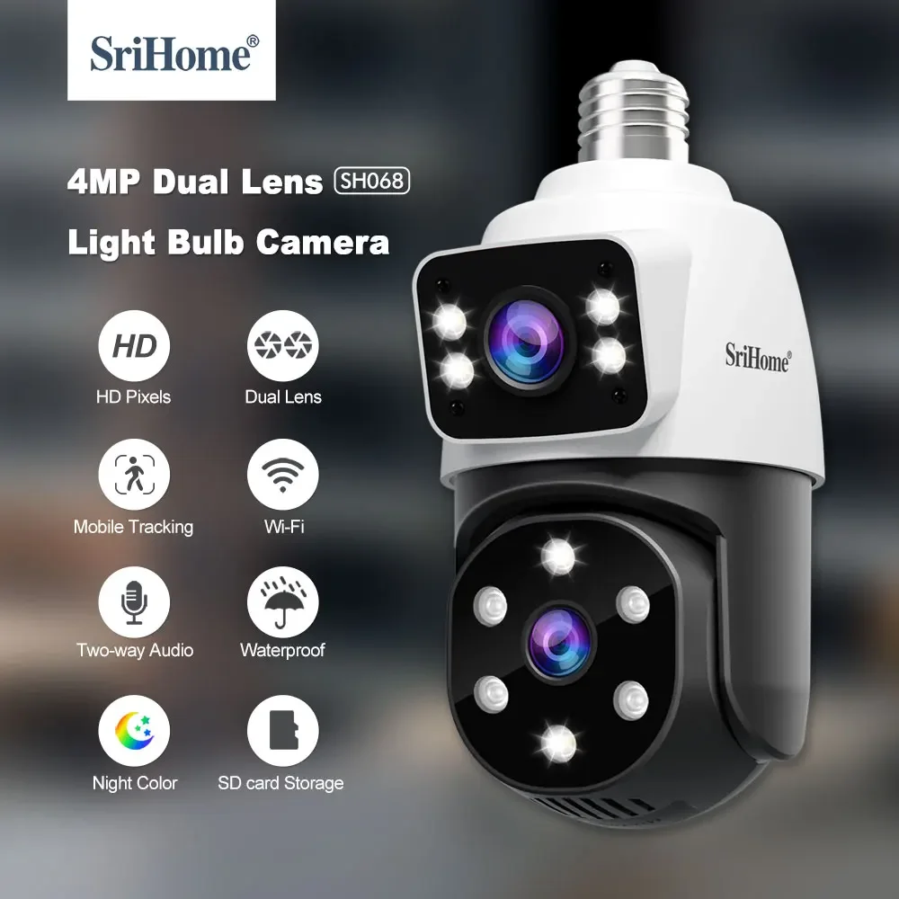 

Srihome SH068 E27 Bulb WiFi Camera Dual Lens Dual Screen Auto Tracking Two Way Audio Color Night Vision Outdoor Security Camera