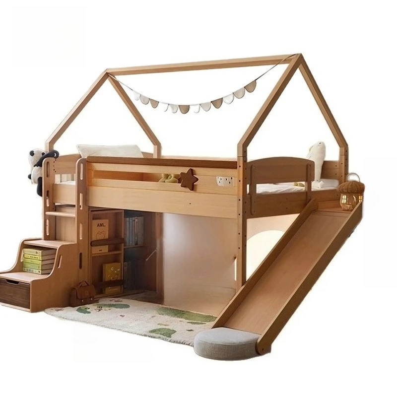 Castle slide solid wood bed, beech half height bed, tree house bed