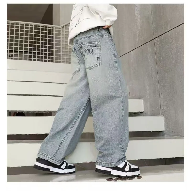 Herbst Kinder Jeans UNITIM 4-14 Jahre Jungen Denim-Hosen mit Schriftzetteltasche Lose Elastische Taille Junior Jungen Gerade Hosen Teenager Jungen Hose – Detail 13
