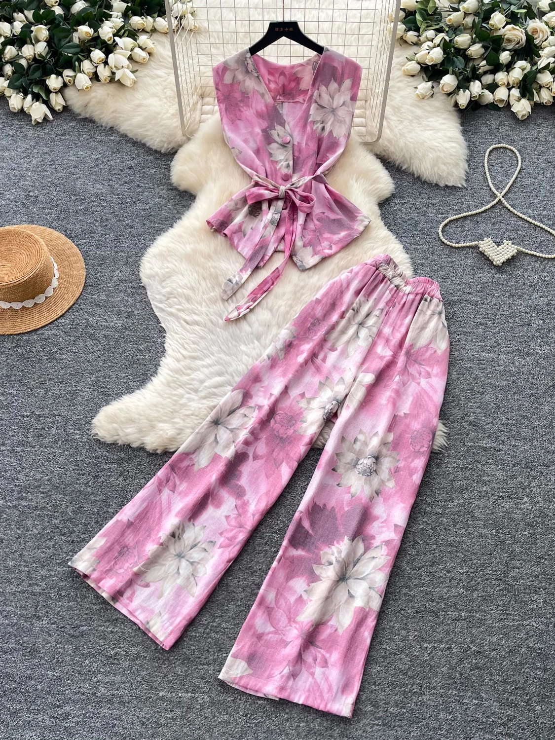 Conjunto de Dos Piezas con Estampado Floral para Mujer, Top con Cinturón y Pantalones Anchos de Cintura Alta, Estilo Casual p...