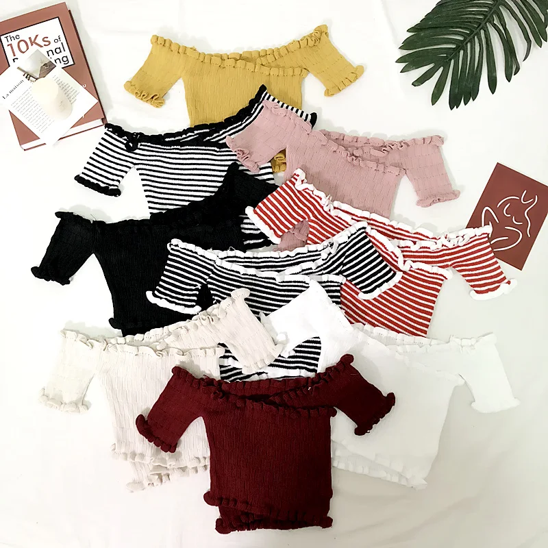 

Summer Thin Wooden One oulder Cross Elastic Stripe ort Sve Slim Knitted Top High Waist T Women's Faion Sweater